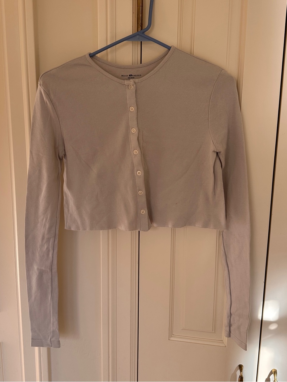 Cropped Button-Front Long Sleeve Cardigan - Light Brown